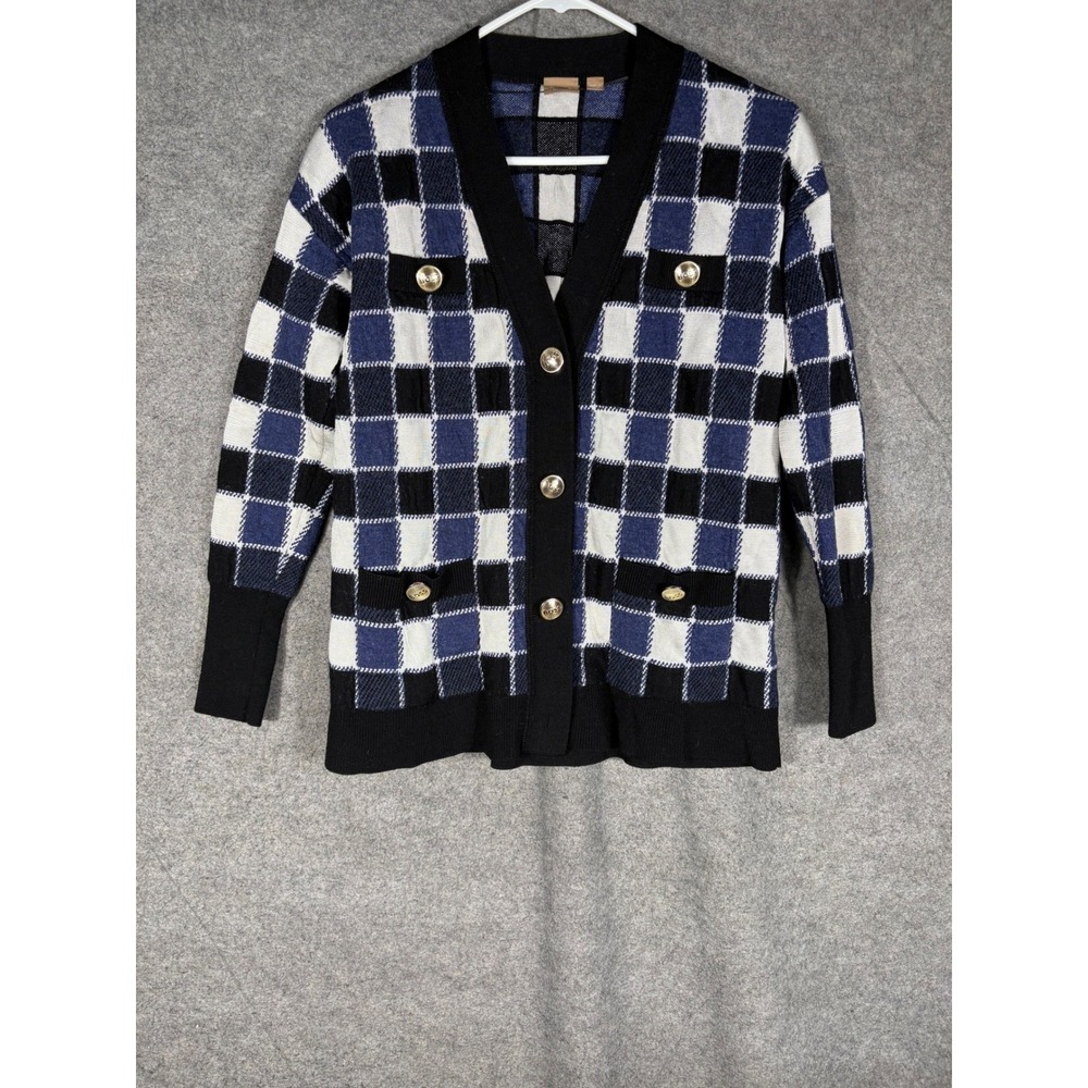 Hugo Boss Fiabetta Checkered Cardigan Sweater Blue‎ Black White Gold Buttons M